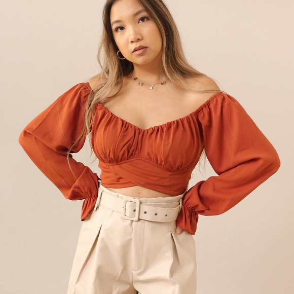 Red wrap off the shoulder crop long sleeve top - Picture 2 of 4